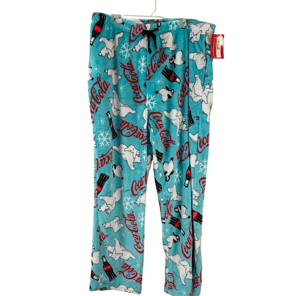 Coca-Cola Pajama Pants Mens XL Blue Polar Bear Penguin Fleece Sleepwear New